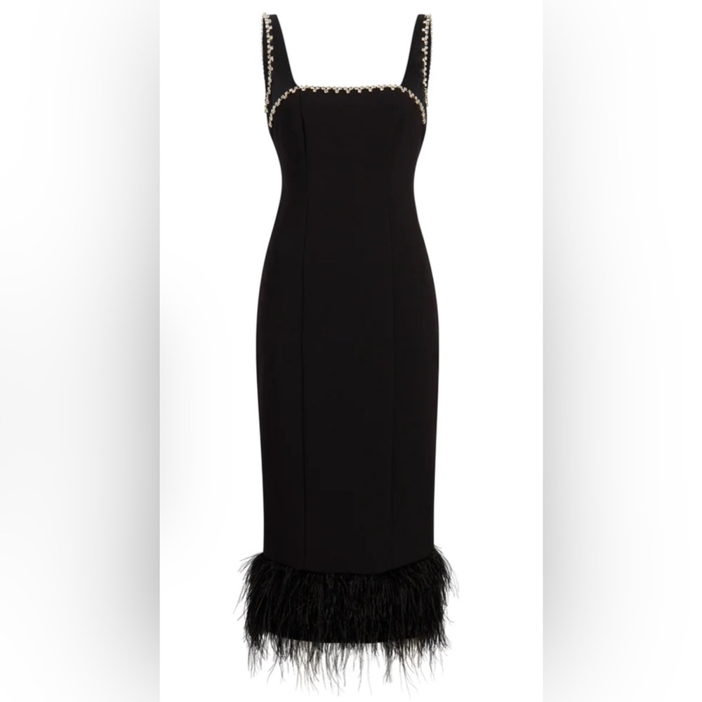 NWT Likely Black Embellished Midi Event Dress | Feather Trim Hem size 6